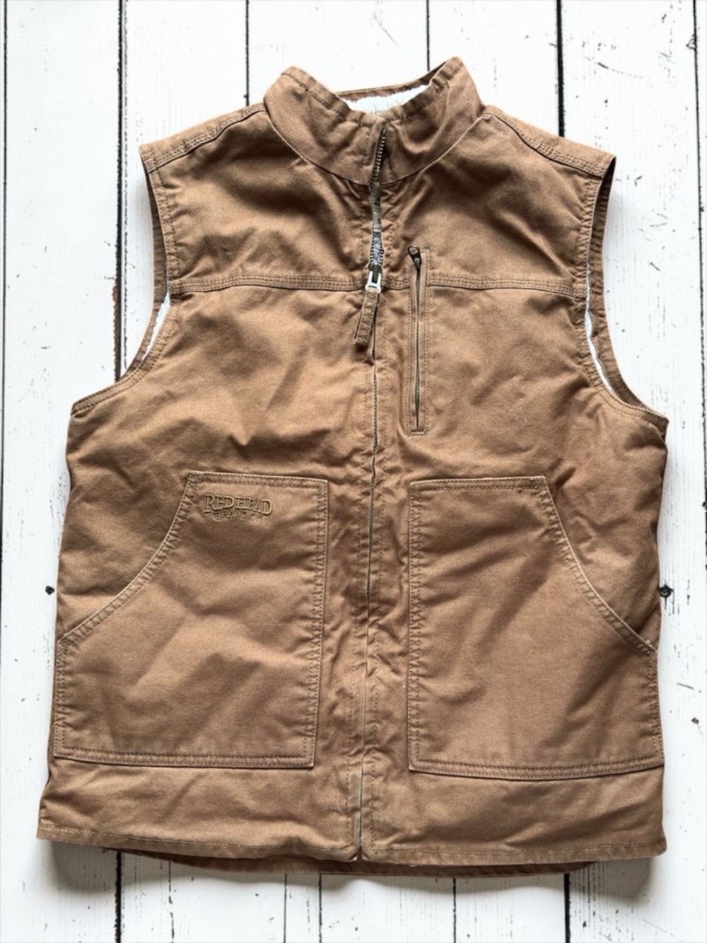 RedHead Sherpa Lined Canvas Vest Size Small Brown Workwear Utility Full Zip Outd